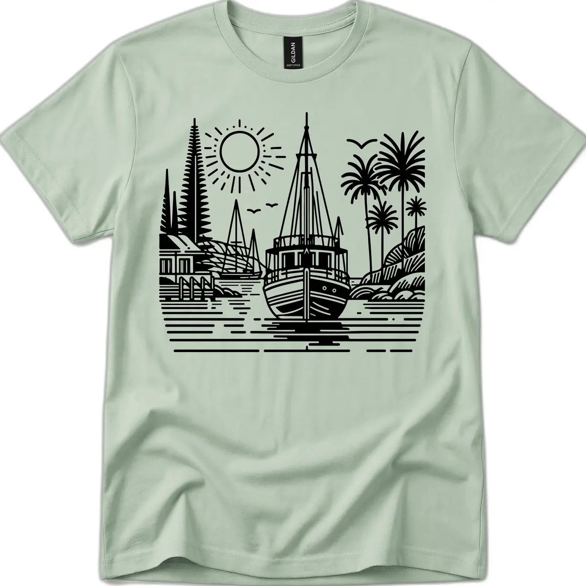 Tropical Boat Paradise Scene T-Shirt in Sage