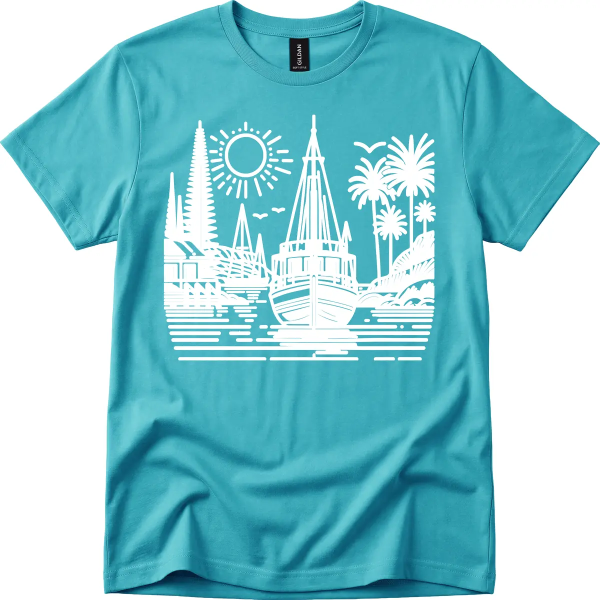 Tropical Boat Paradise Scene T-Shirt in Tropical Blue