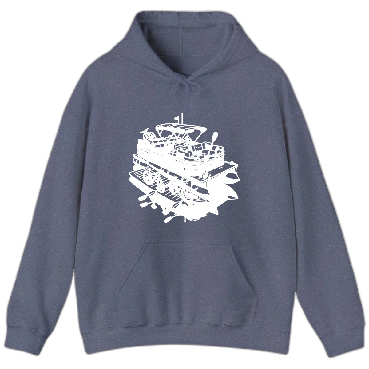 Pontoon Boat With Water Toys Hoodie in Heather Navy