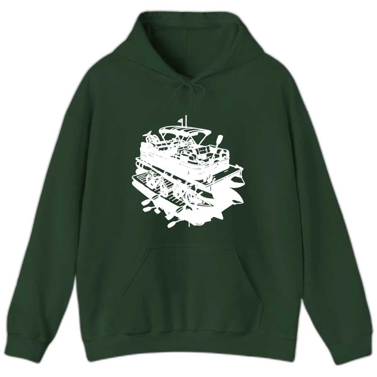 Pontoon Boat With Water Toys Hoodie in Forest Green