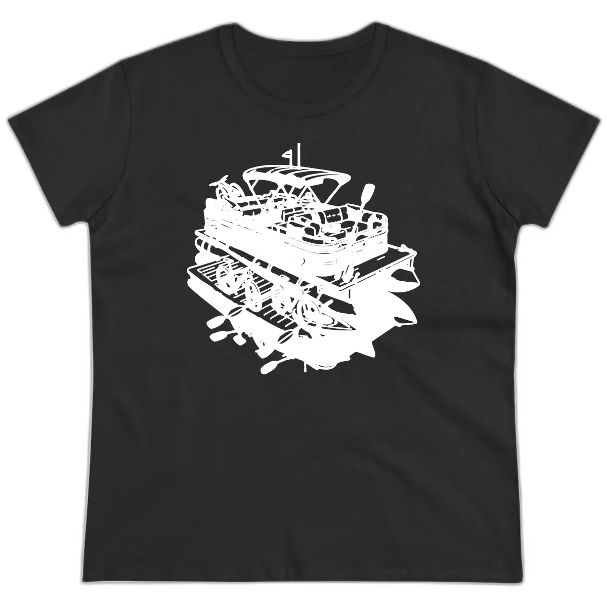 Pontoon Boat With Water Toys Ladies Tee in Black