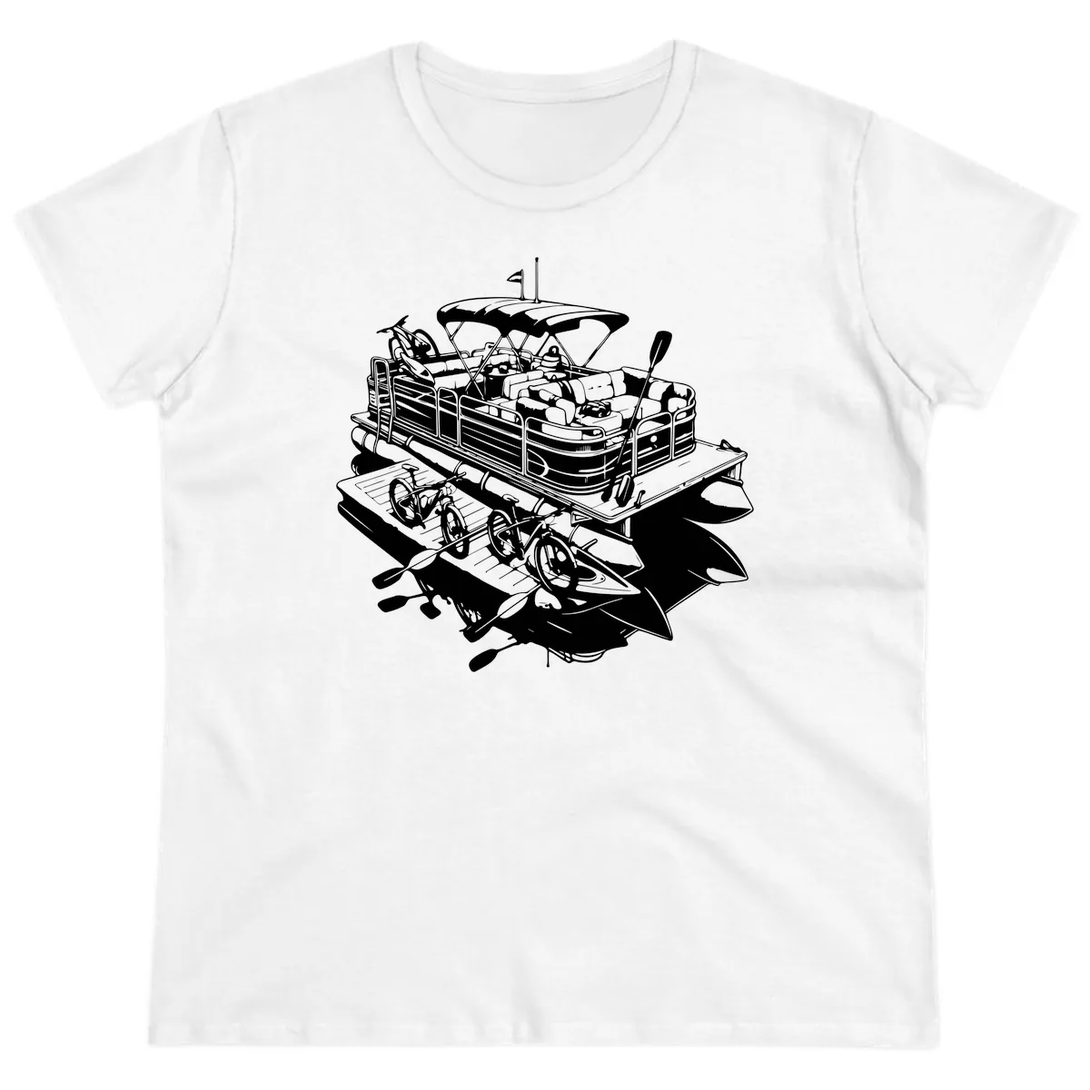 Pontoon Boat With Water Toys Ladies Tee in White