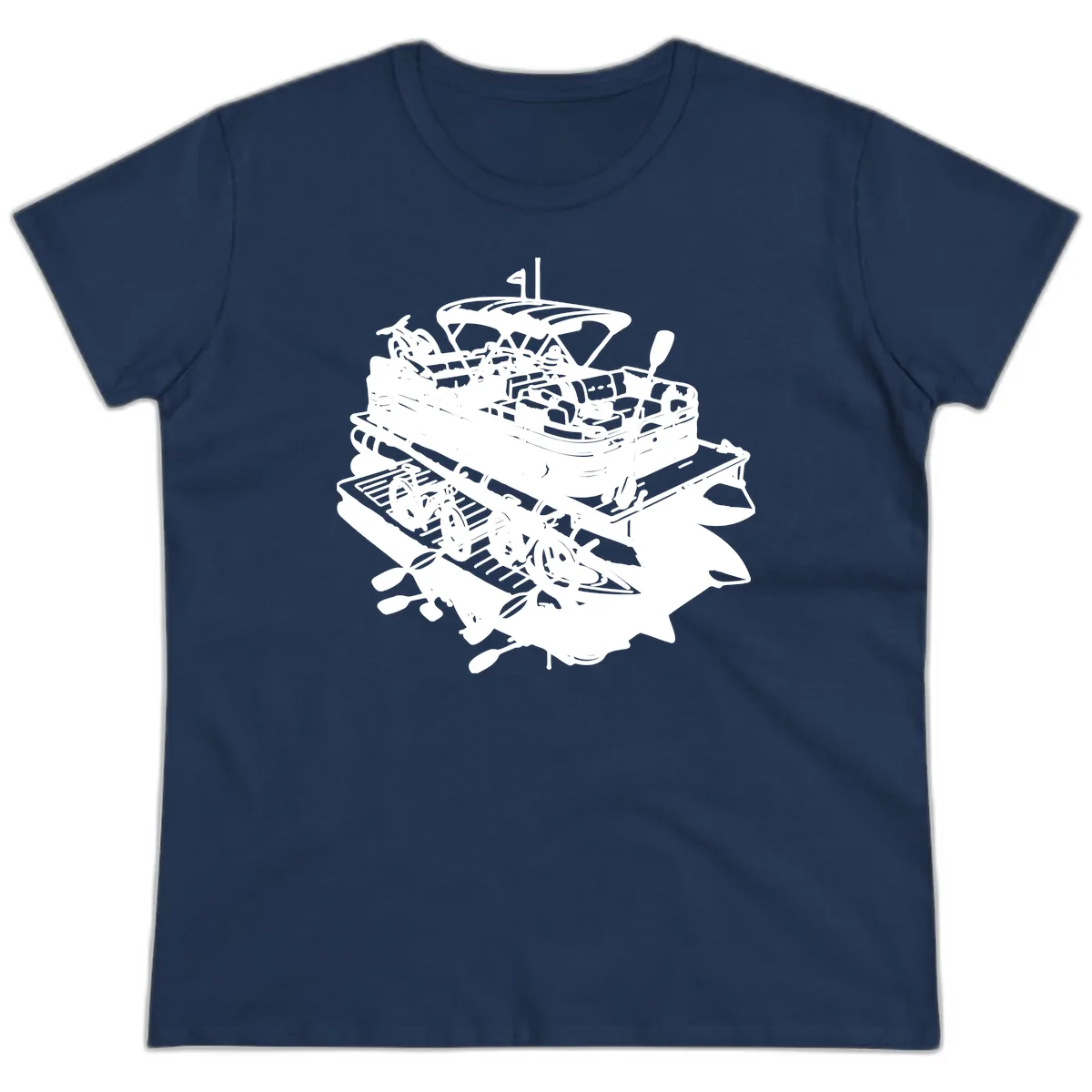 Pontoon Boat With Water Toys Ladies Tee in Navy