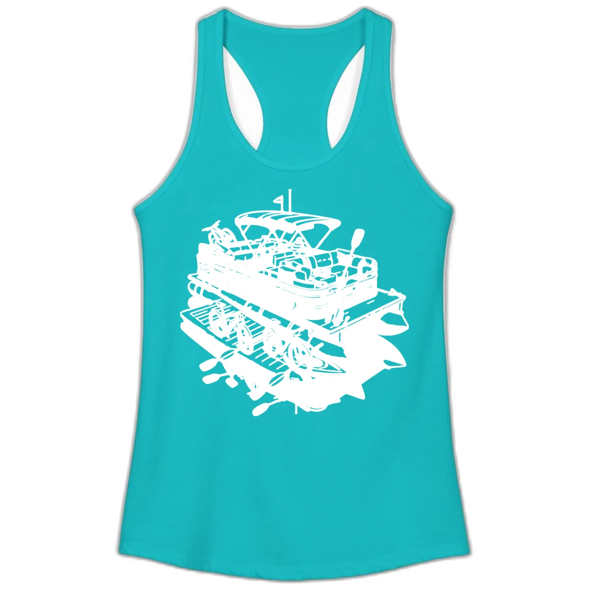 Pontoon Boat With Water Toys Ladies Tank in Tahiti Blue