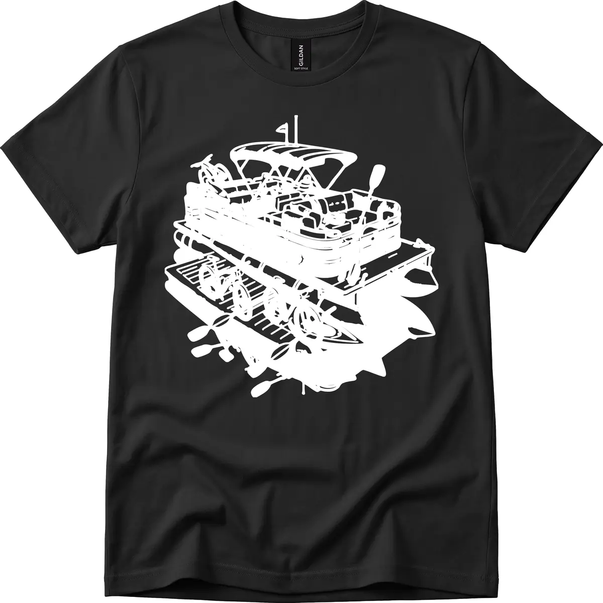 Pontoon Boat With Water Toys T-Shirt in Black