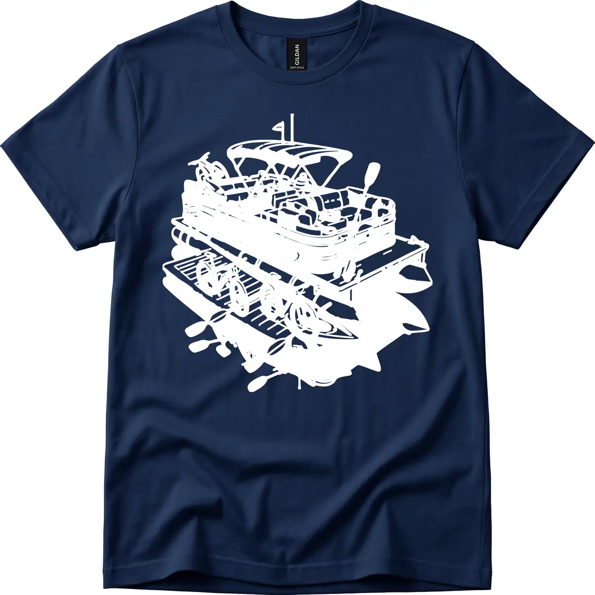 Pontoon Boat With Water Toys T-Shirt in Navy