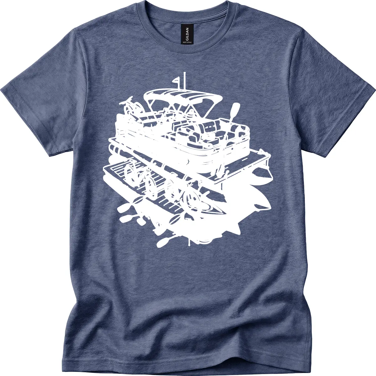 Pontoon Boat With Water Toys T-Shirt in Heather Navy