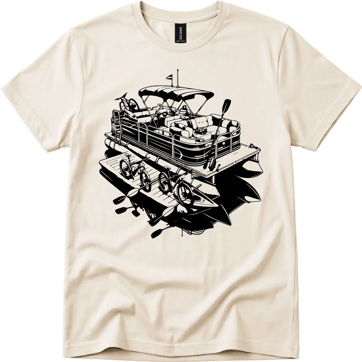 Pontoon Boat With Water Toys T-Shirt in Natural