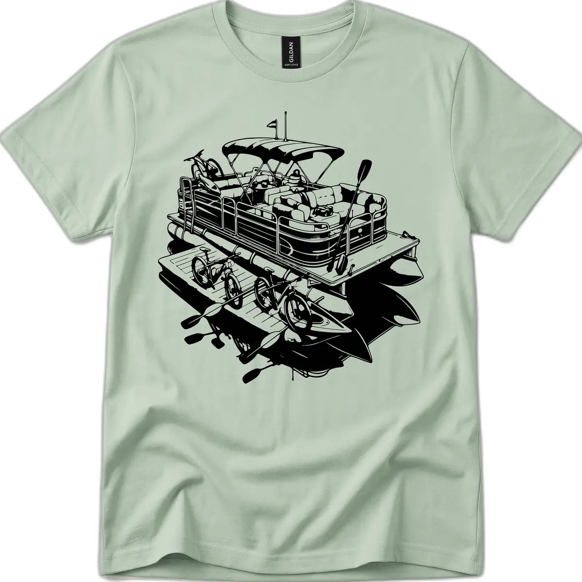 Pontoon Boat With Water Toys T-Shirt in Sage