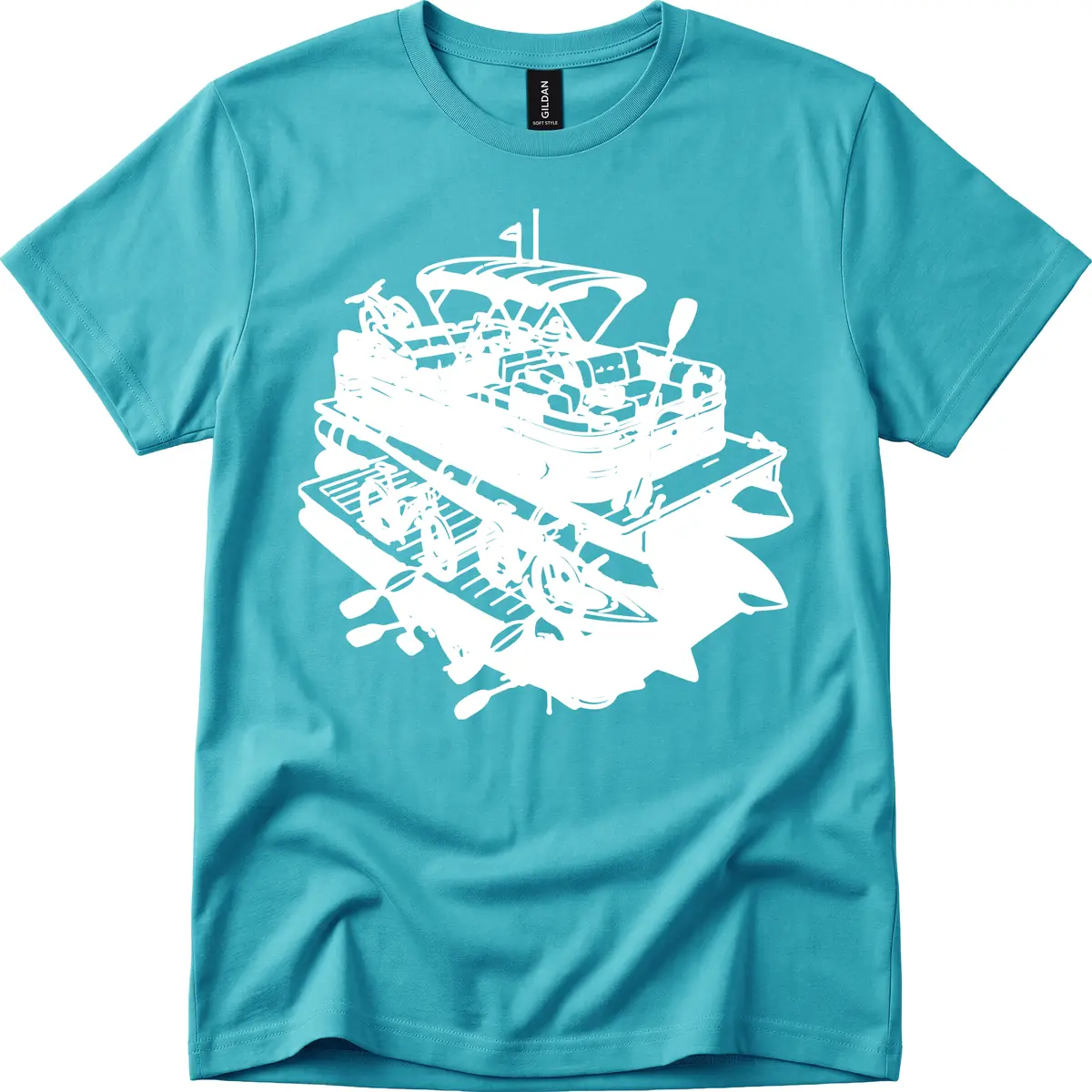 Pontoon Boat With Water Toys T-Shirt in Tropical Blue