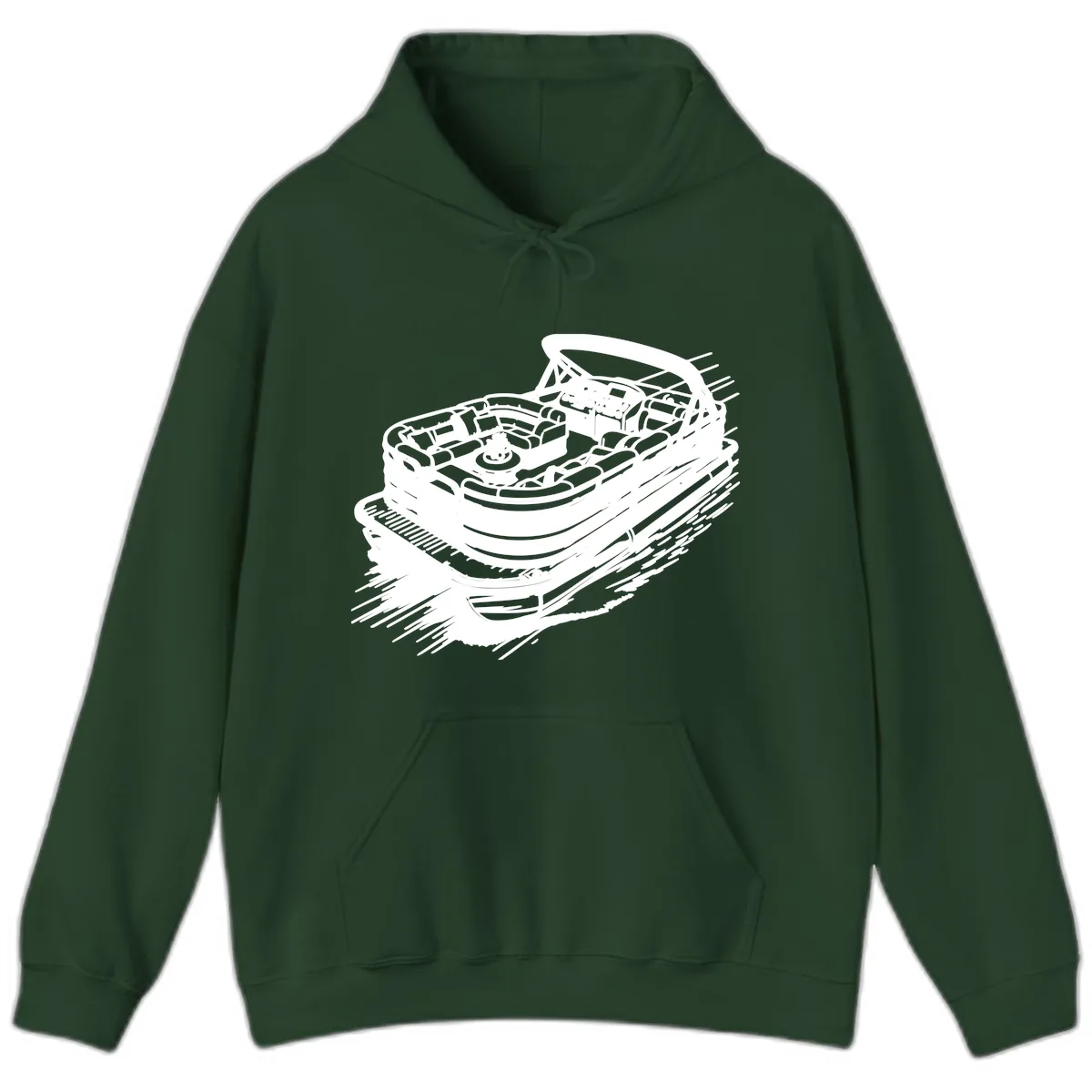 Pontoon Boat Adventure Illustration Hoodie in Forest Green
