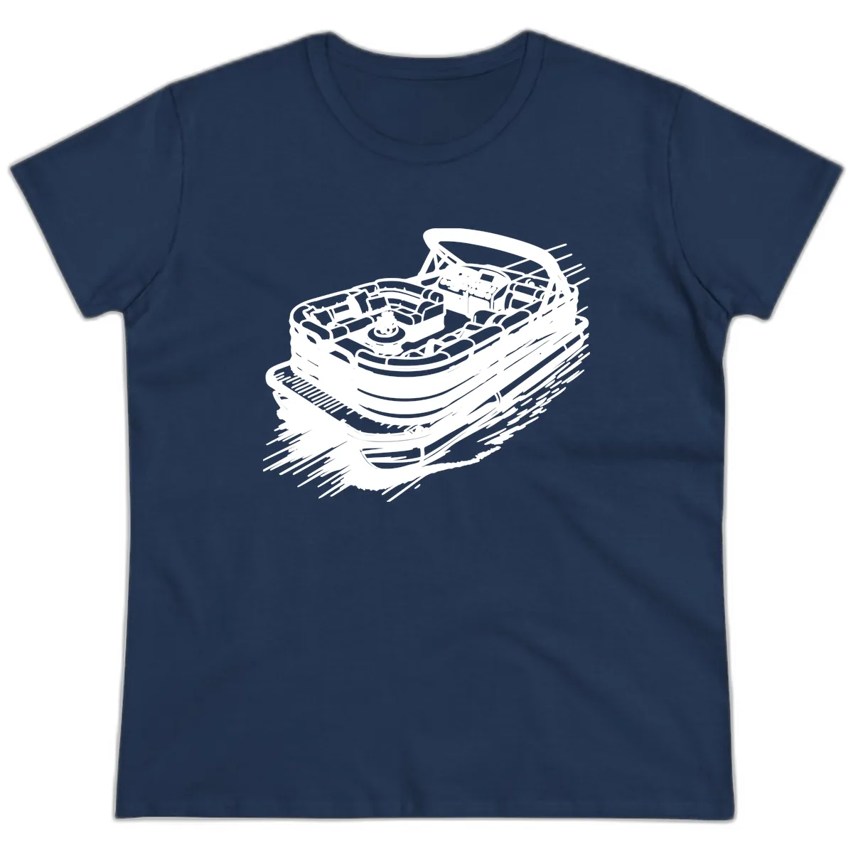 Pontoon Boat Adventure Illustration Ladies Tee in Navy