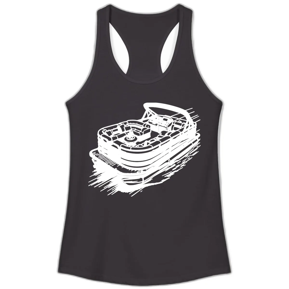 Pontoon Boat Adventure Illustration Ladies Tank in Black