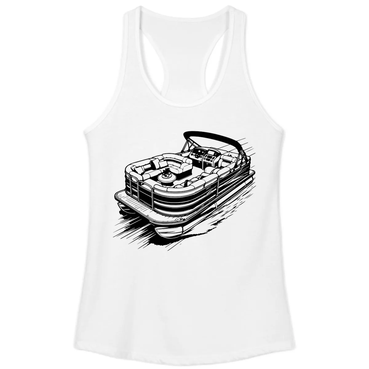 Pontoon Boat Adventure Illustration Ladies Tank in White