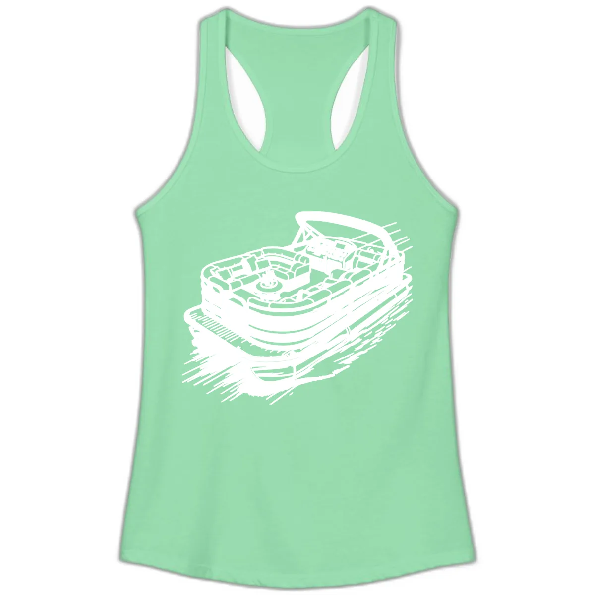 Pontoon Boat Adventure Illustration Ladies Tank in Solid Mint