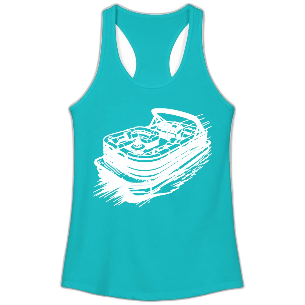 Pontoon Boat Adventure Illustration Ladies Tank in Tahiti Blue