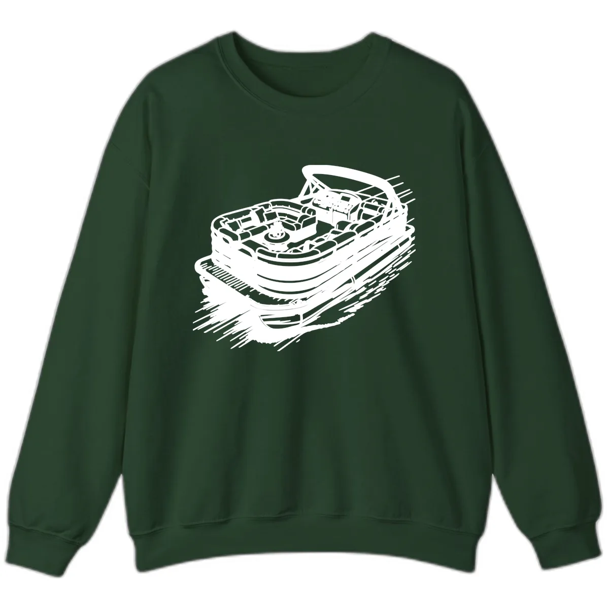 Pontoon Boat Adventure Illustration Sweatshirt in Forest Green