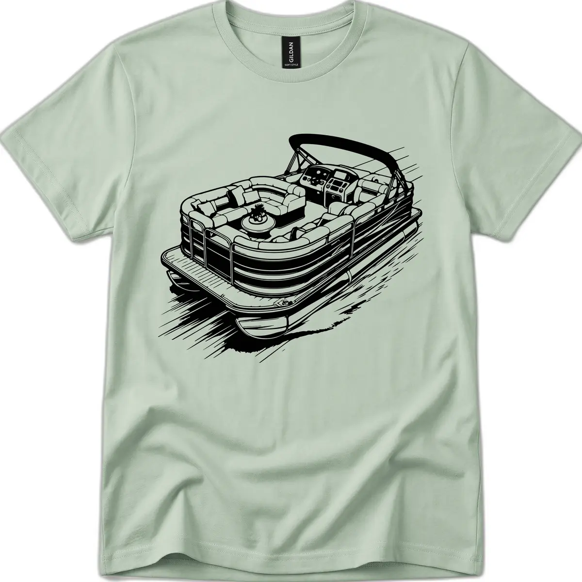 Pontoon Boat Adventure Illustration T-Shirt in Sage