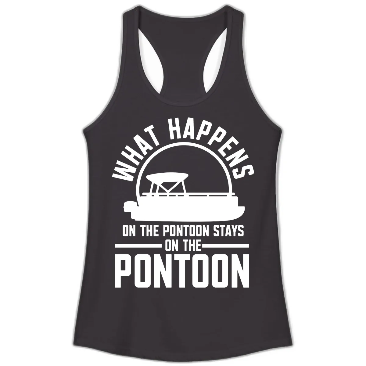 What Happens On The Pontoon Stays On The Pontoon Ladies Tank in Black