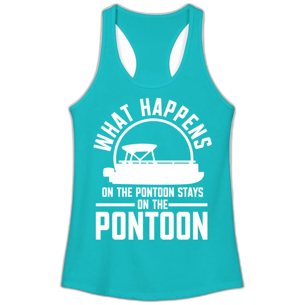 What Happens On The Pontoon Stays On The Pontoon Ladies Tank in Tahiti Blue