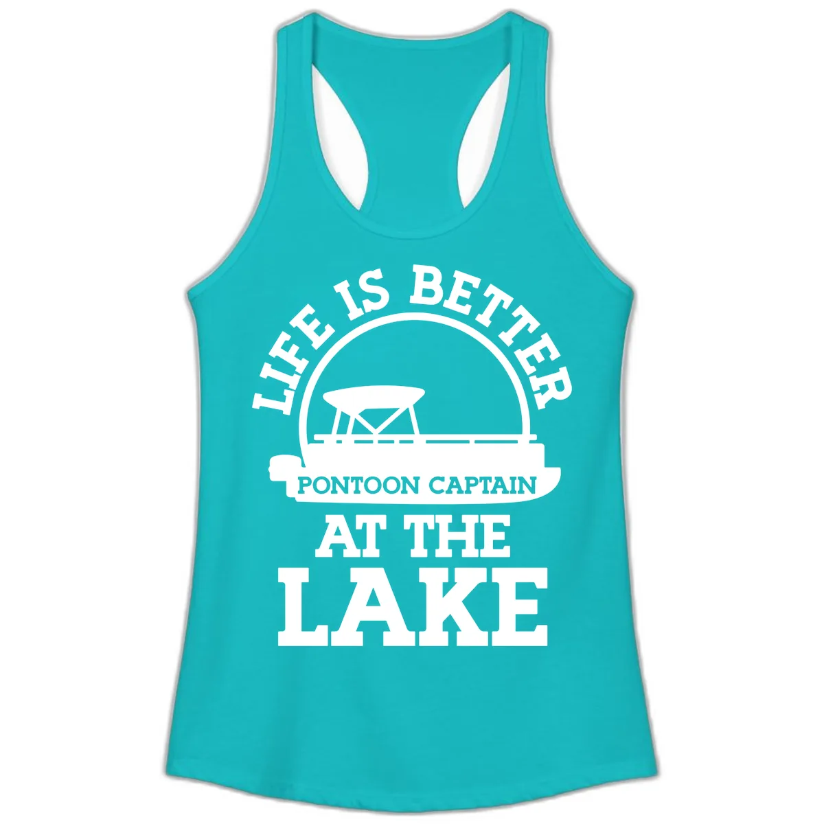 Life Is Better Pontoon Captain At The Lake Ladies Tank in Tahiti Blue