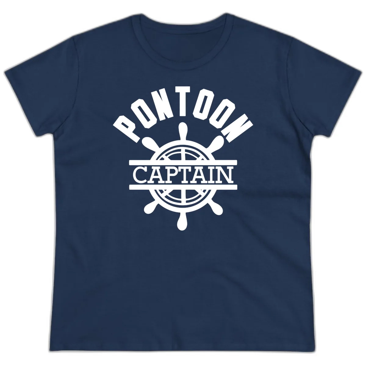 Pontoon Captain Steering Wheel Design Ladies Tee in Navy