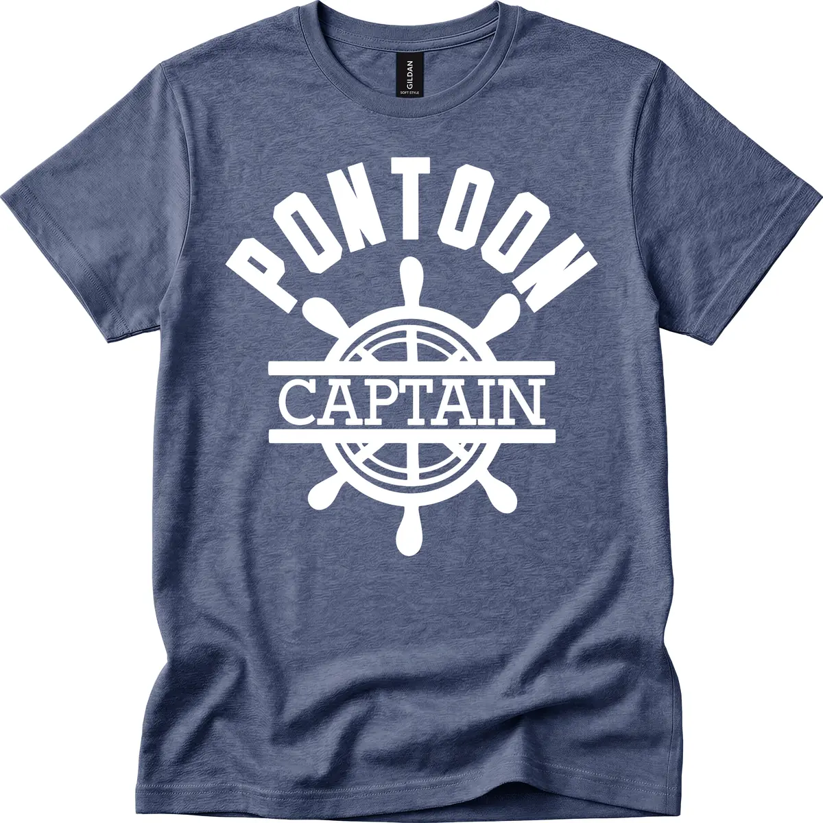 Pontoon Captain Steering Wheel Design T-Shirt in Heather Navy