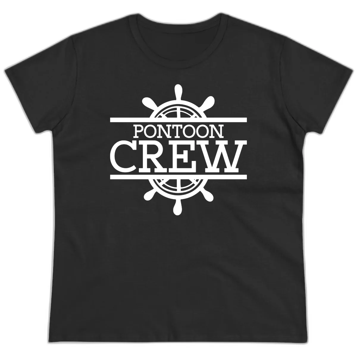 Pontoon Crew Nautical Helm Design Ladies Tee in Black