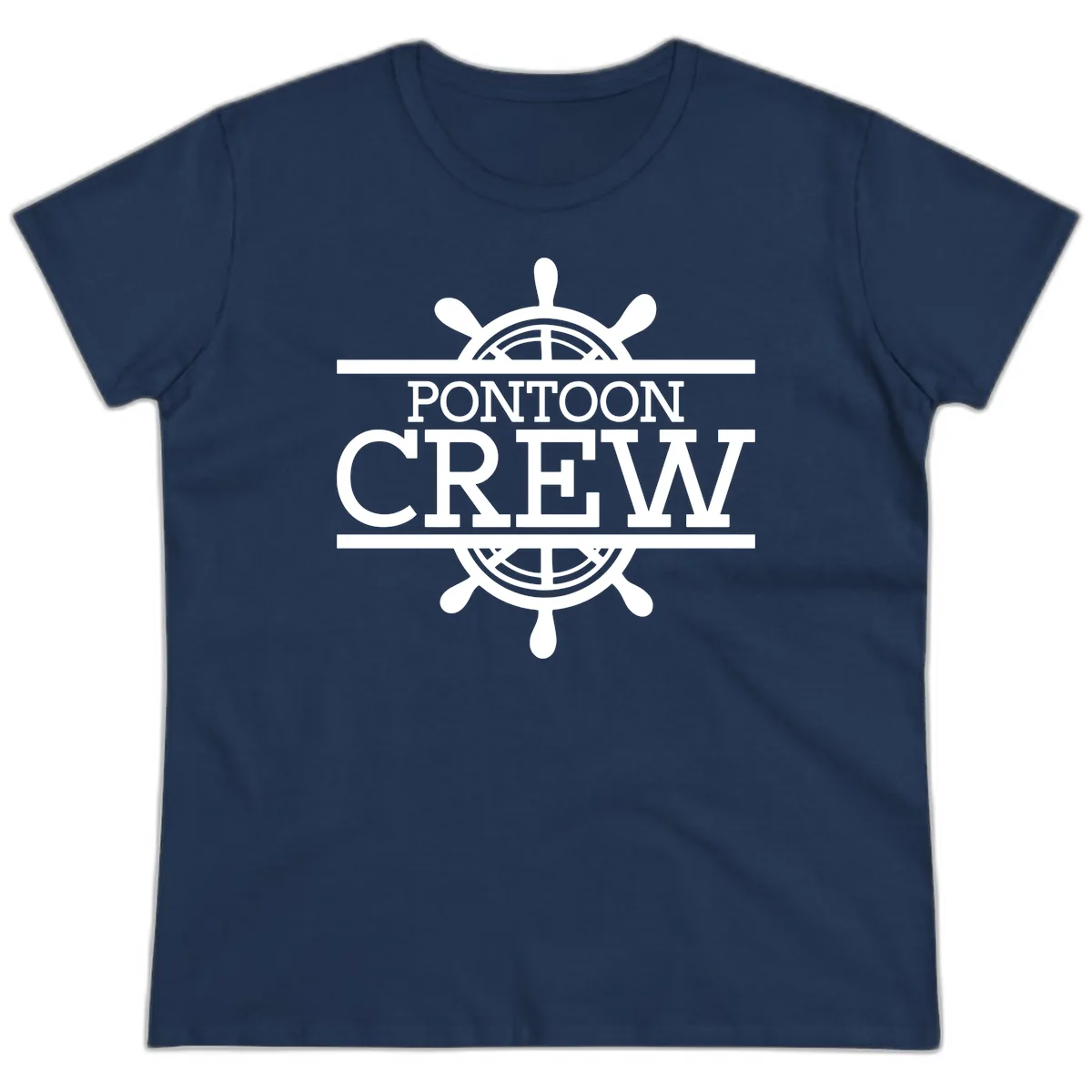 Pontoon Crew Nautical Helm Design Ladies Tee in Navy