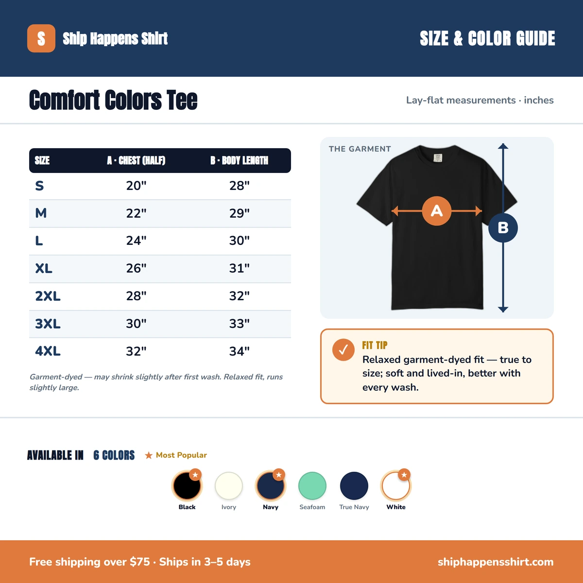 Comfort Color size & color guide
