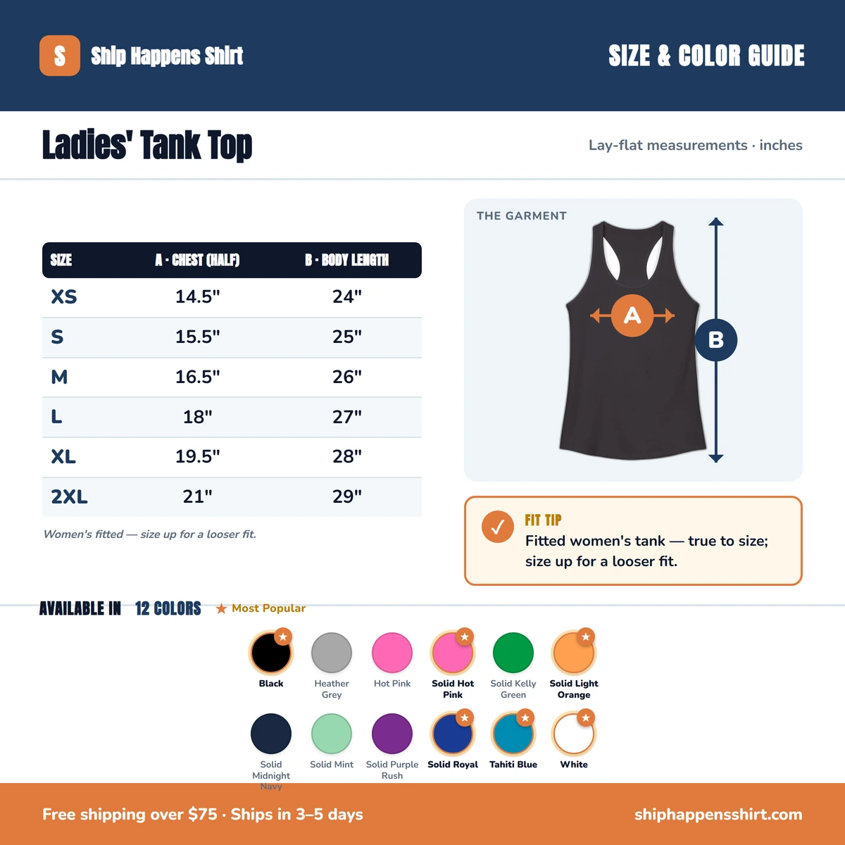 Ladies Tank size & color guide