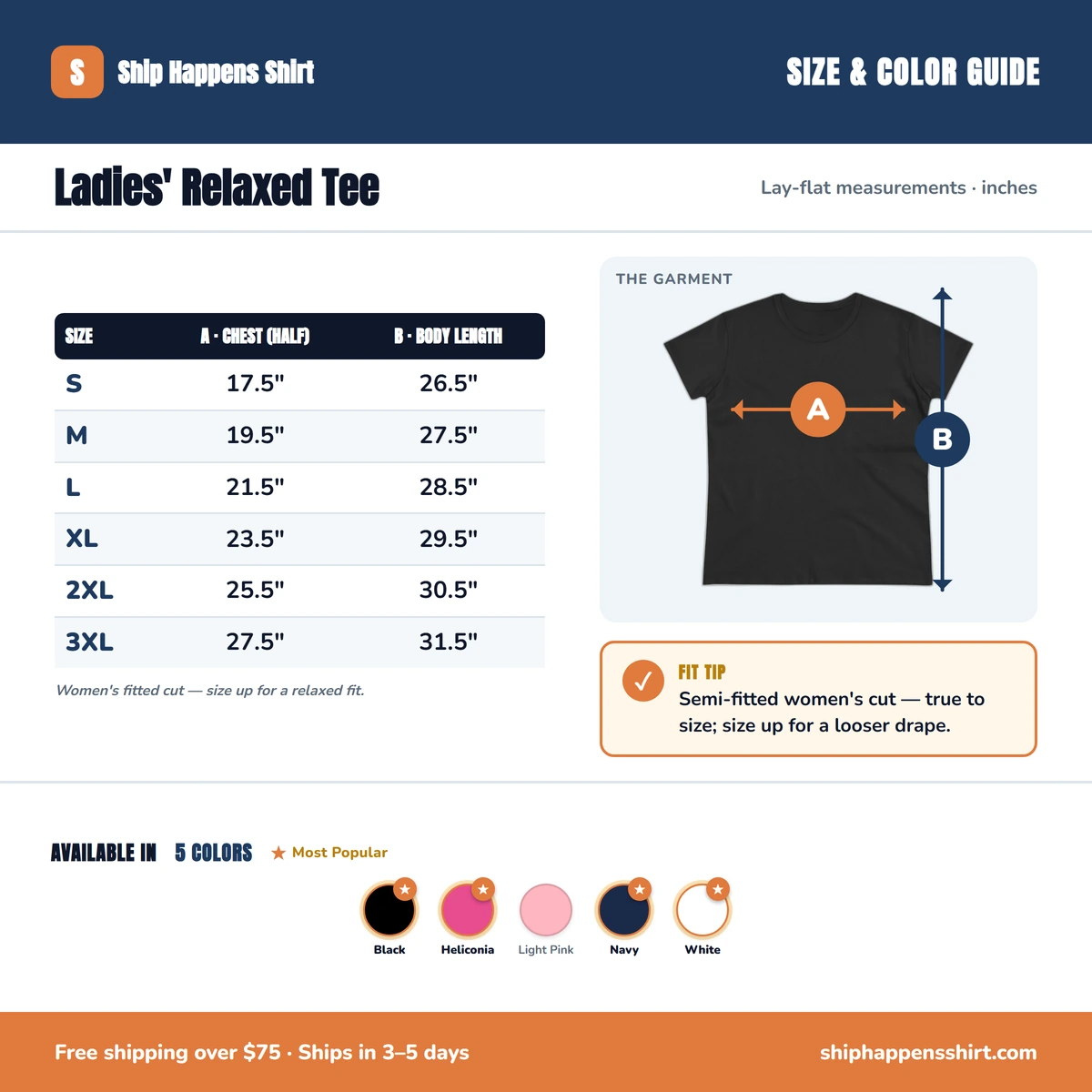 Ladies Tee size & color guide