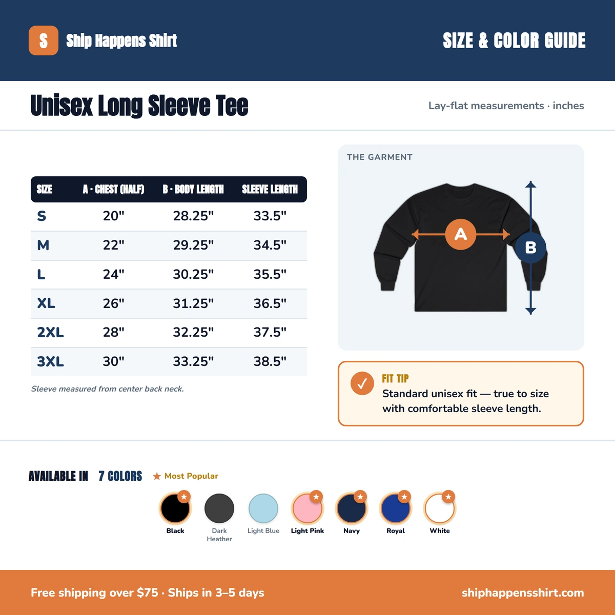 Long Sleeve size & color guide