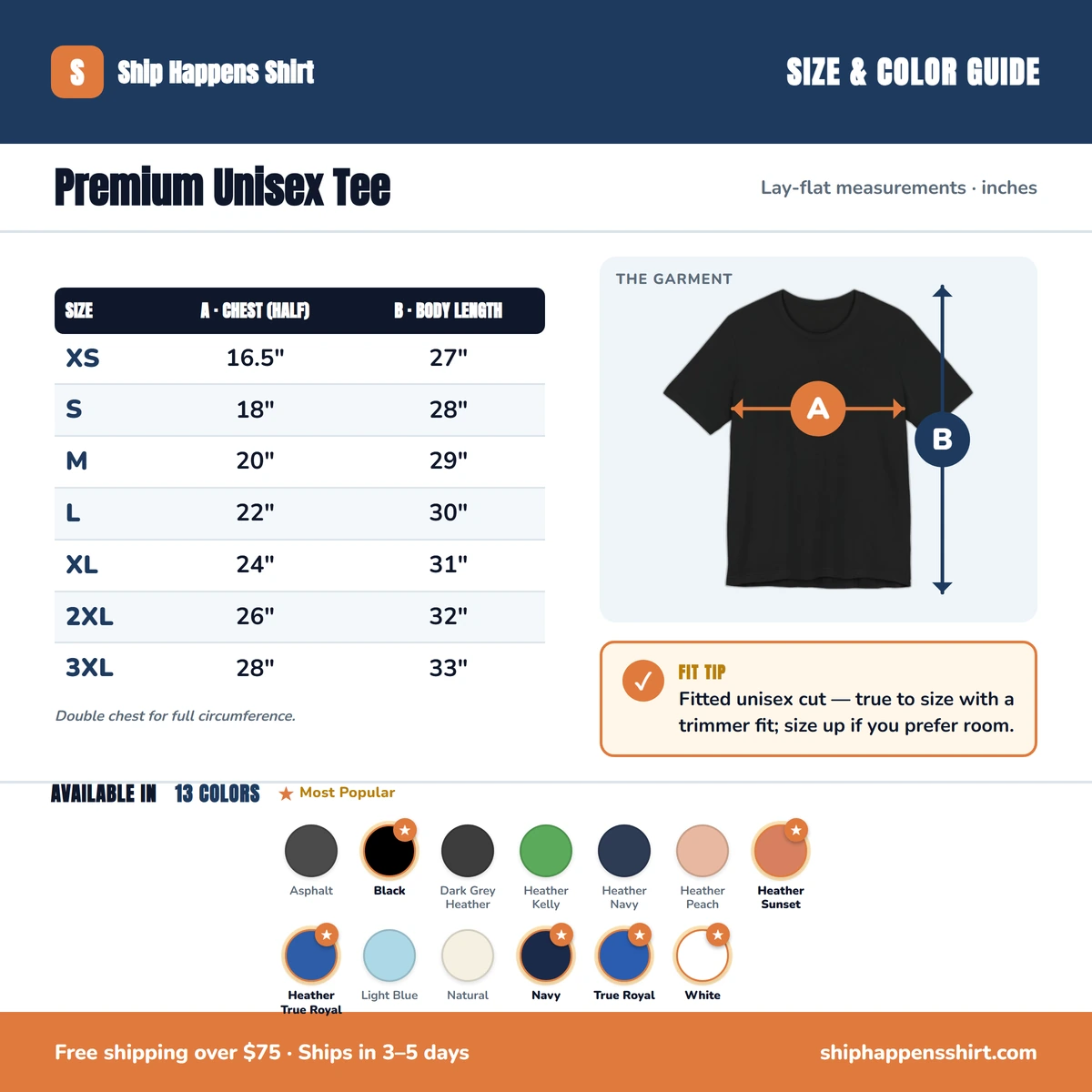Premium T-Shirt size & color guide
