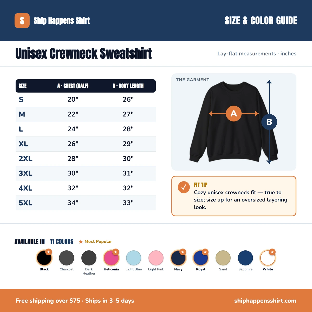 Sweatshirt size & color guide