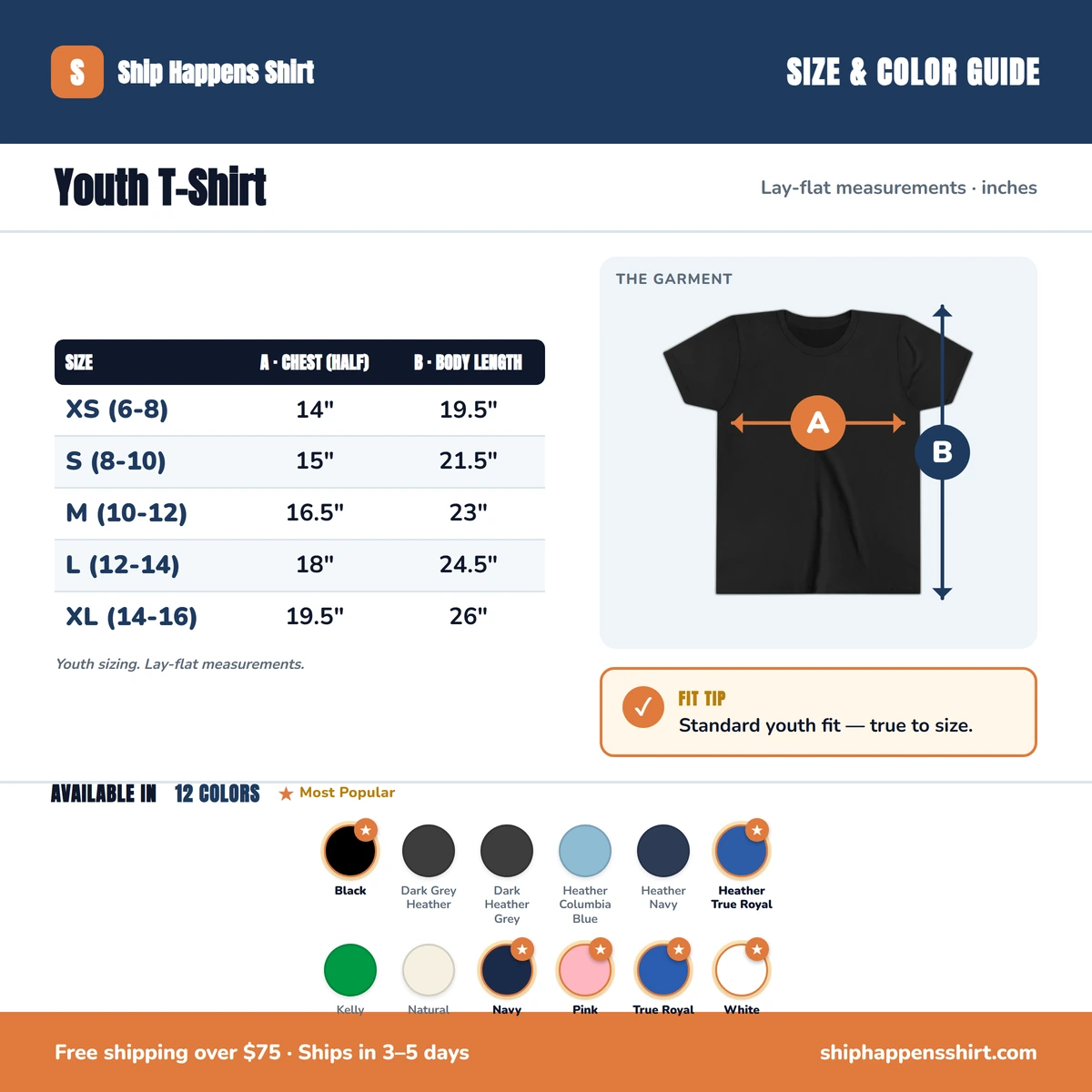 Youth T-Shirt size & color guide