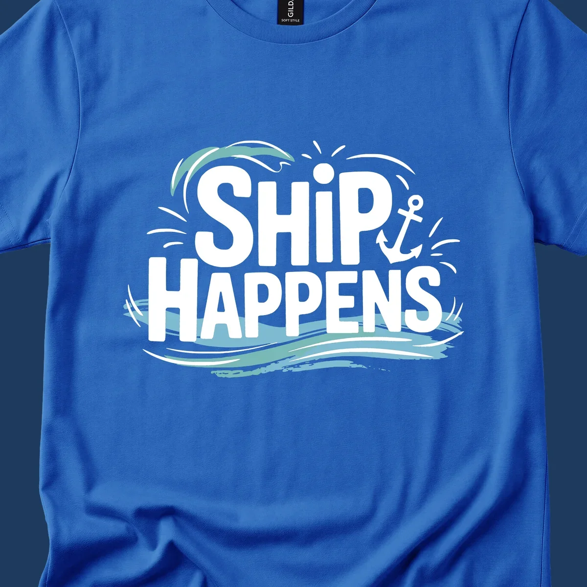 Ship Happens text with anchor and waves, nautical humor design.