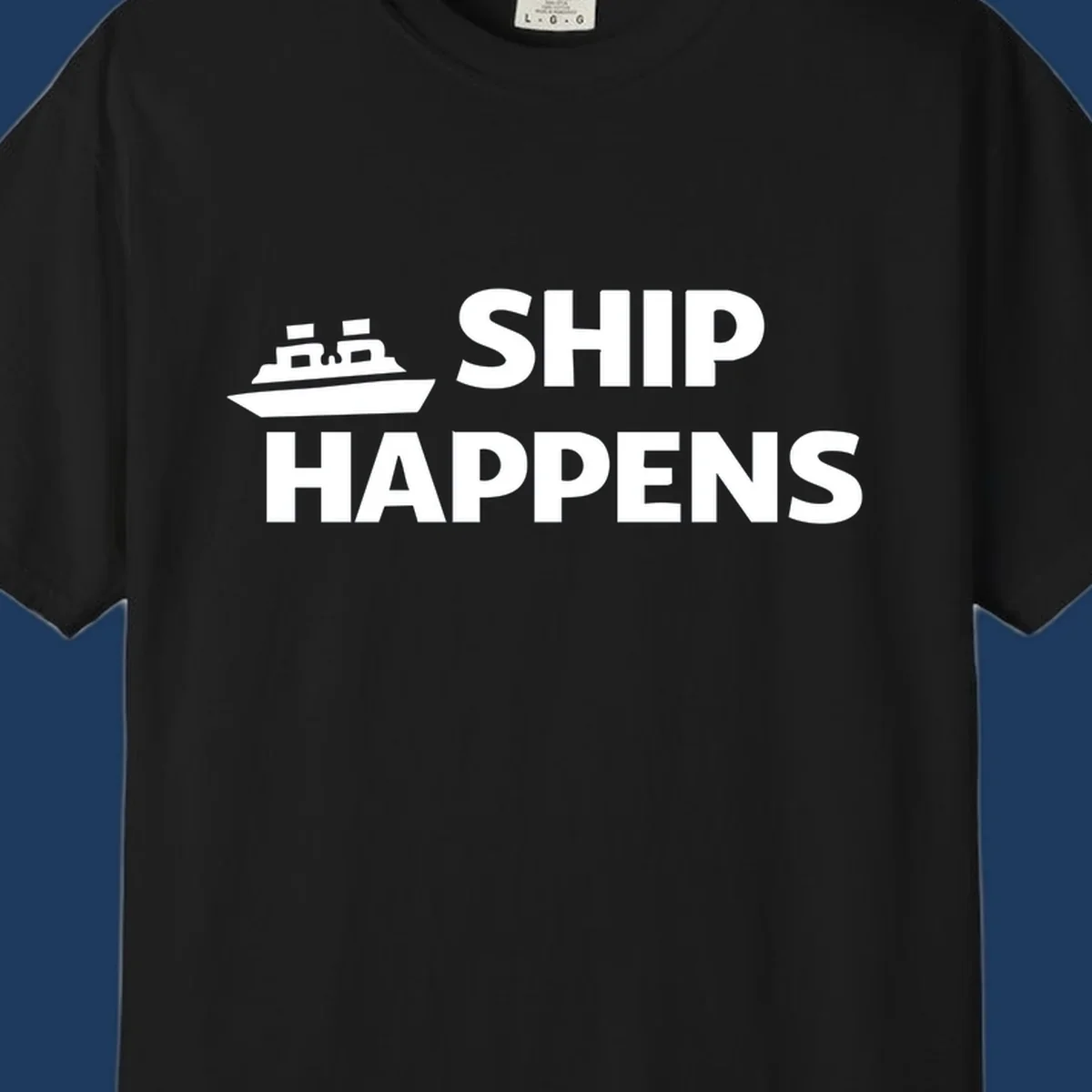 Ship Happens text and illustration. Nautical humor design for boat owners.