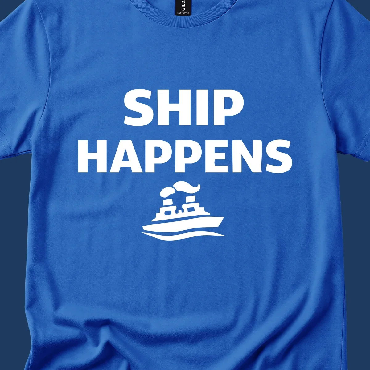 White text 'SHIP HAPPENS' and a steamboat illustration on a black background.