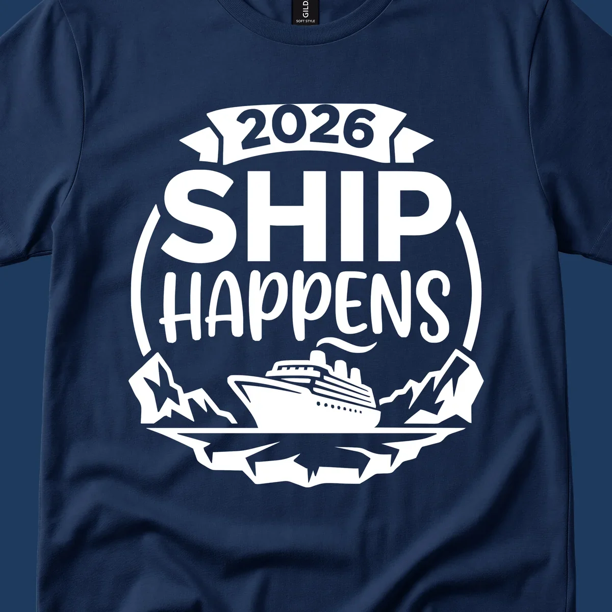 Ship Happens 2026 text with a cruise ship, icebergs, and mountains graphic.