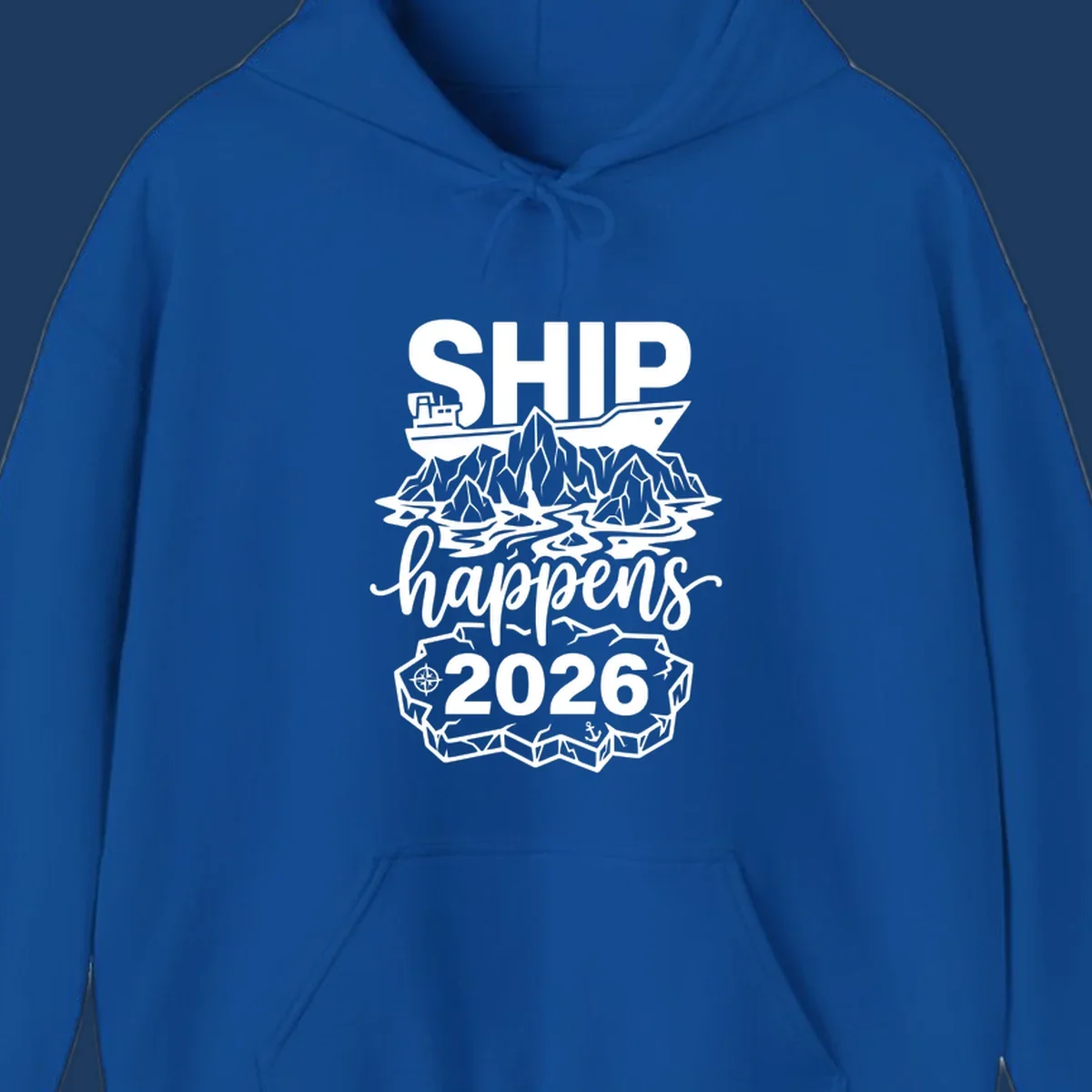 Ship Happens 2026 iceberg humor design with ship, icebergs, compass rose, and anchor.