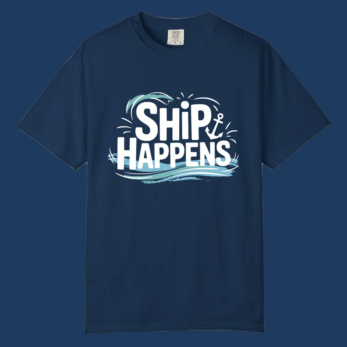Ship Happens text with anchor and waves, nautical humor design.