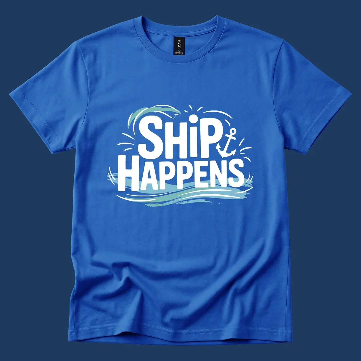 Ship Happens text with anchor and waves, nautical humor design.