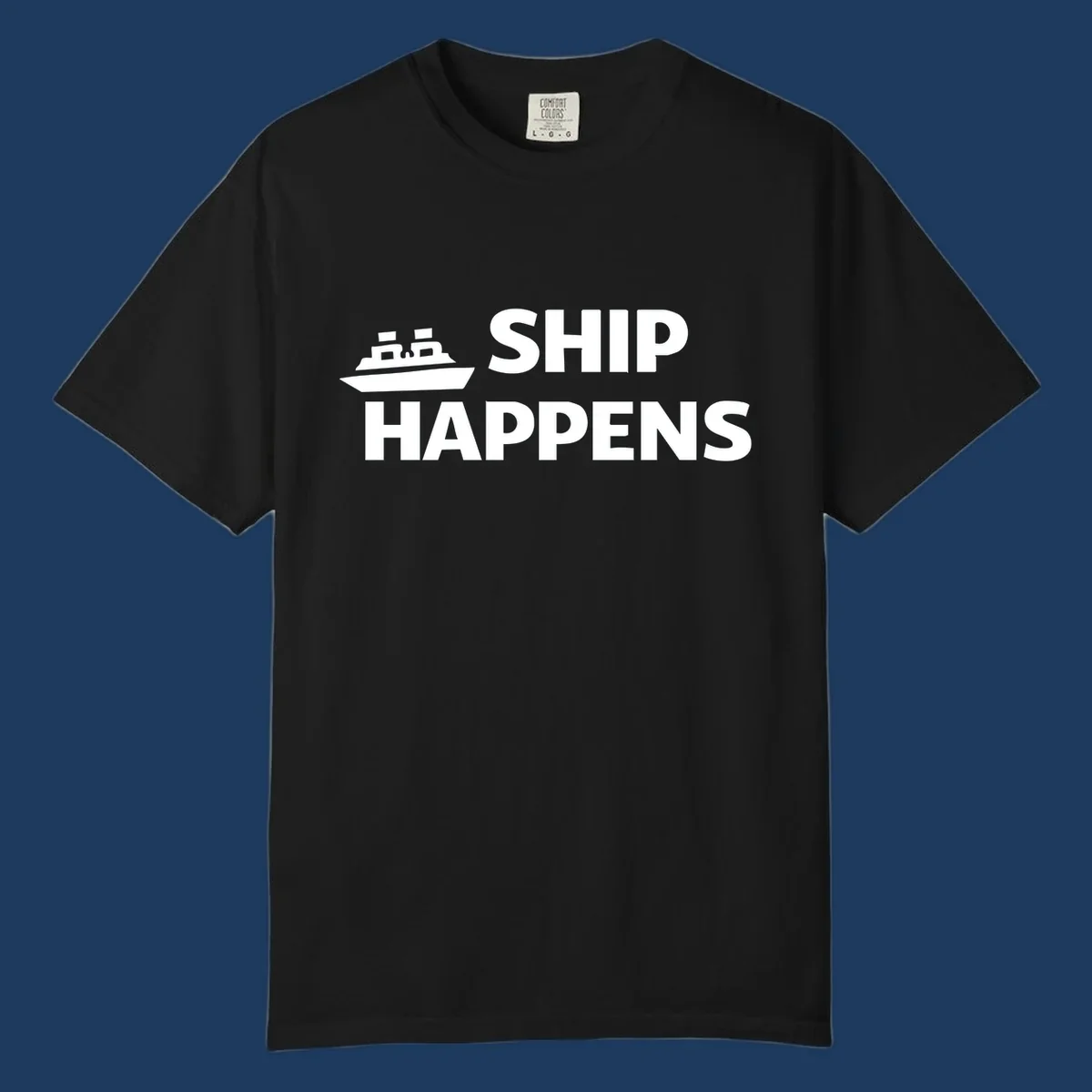Ship Happens text and illustration. Nautical humor design for boat owners.
