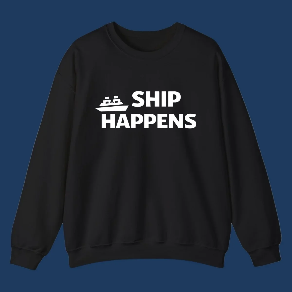 Ship Happens text and illustration. Nautical humor design for boat owners.