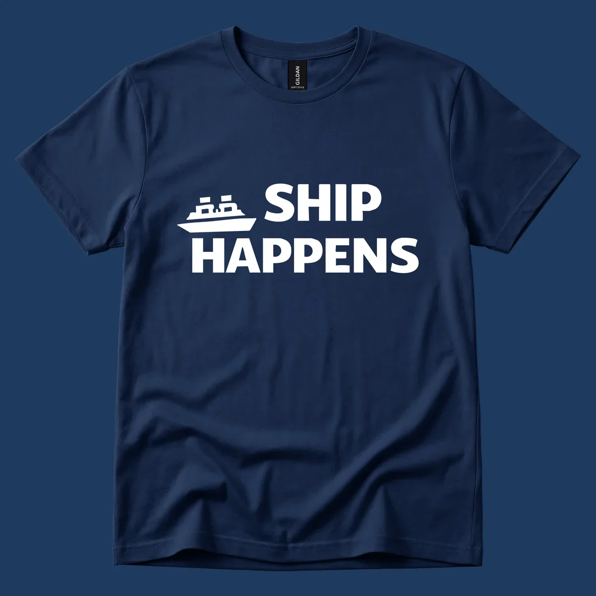 Ship Happens text and illustration. Nautical humor design for boat owners.