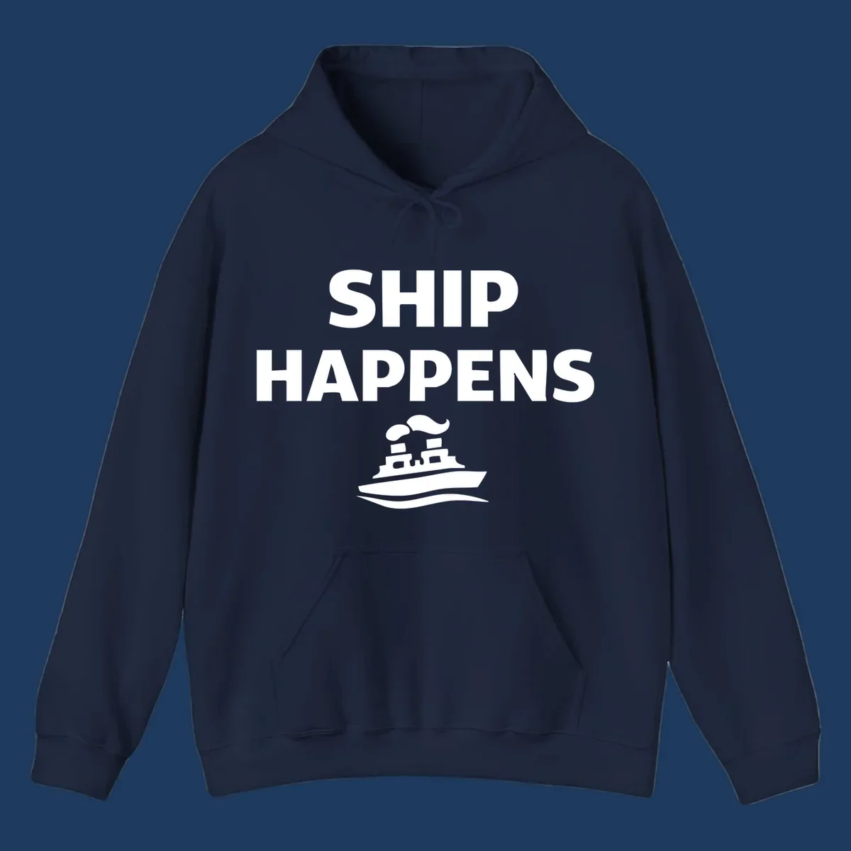White text 'SHIP HAPPENS' and a steamboat illustration on a black background.