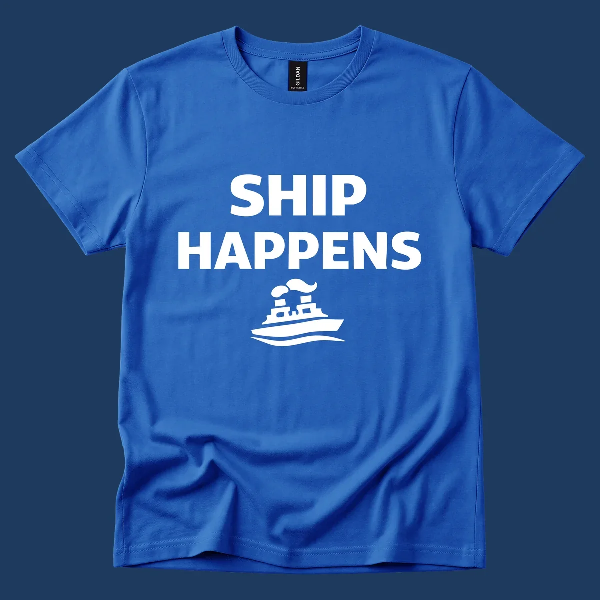White text 'SHIP HAPPENS' and a steamboat illustration on a black background.