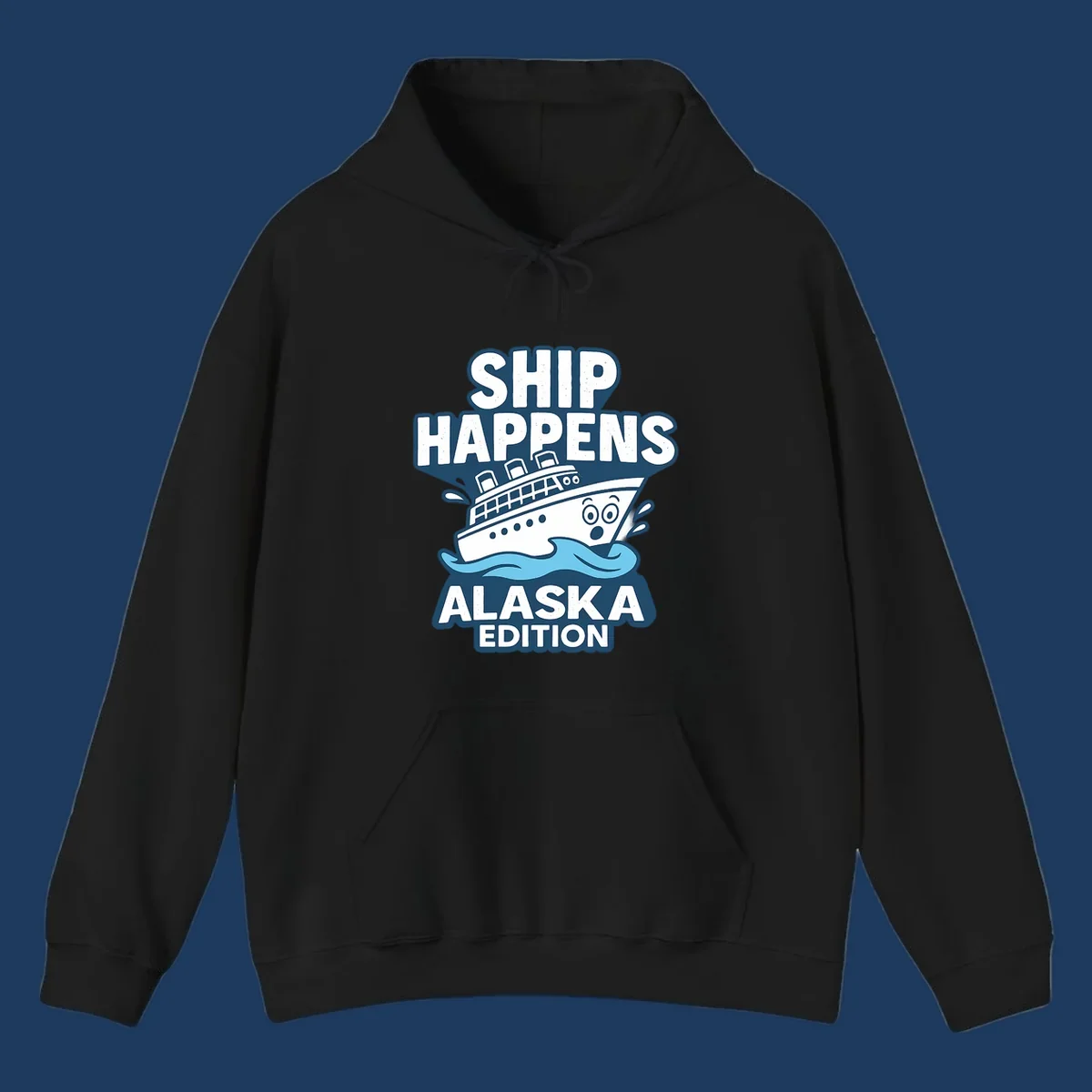 Ship Happens Alaska Edition cartoon design with a surprised ship on waves.