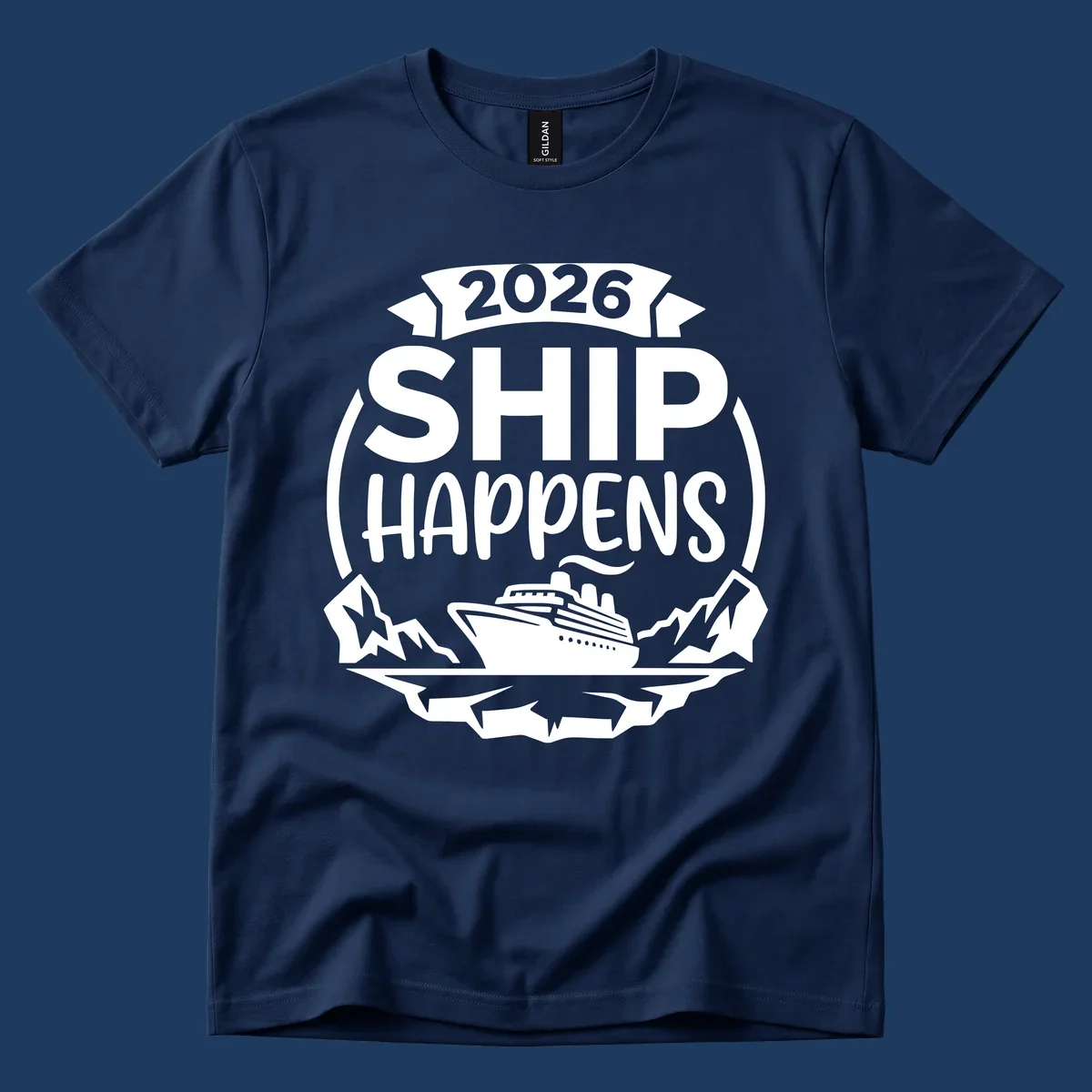 Ship Happens 2026 text with a cruise ship, icebergs, and mountains graphic.